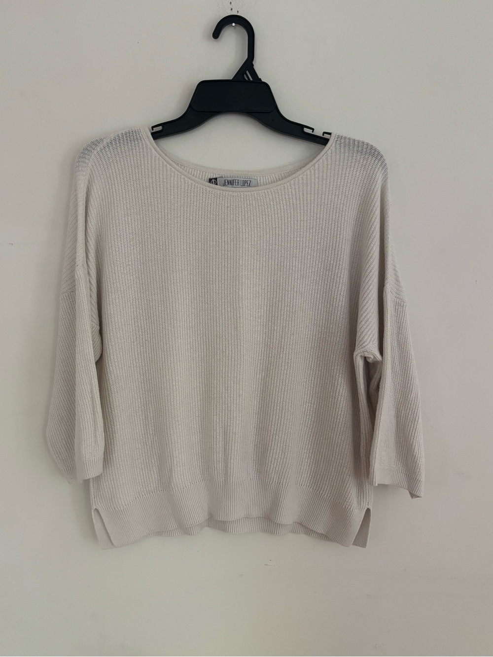 Jennifer Lopez Ivory Rib Knit Sweater M Relaxed 3/4 Sleeve